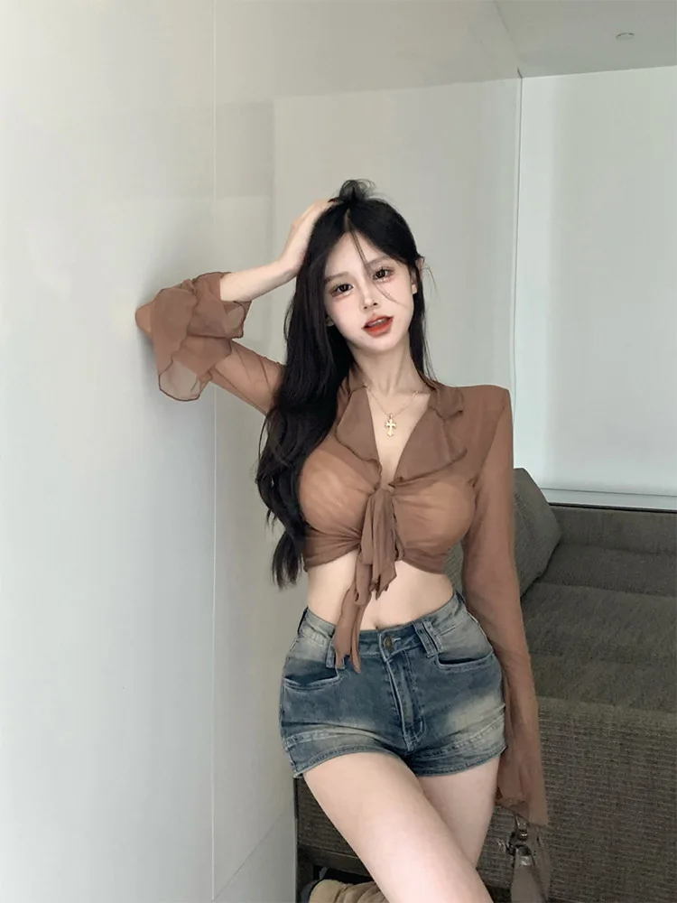 여성용 긴 플레어 소매 블라우스, 레이스업 메쉬, 섹시한 스위트 핫 걸스, 한국 패션 스타일, 올 매치 솔리드 디자인, 우아한 캐주얼