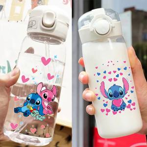 600/400ML 릴로 & 스티치 밀짚 병 디즈니 음주 사무실 투명 휴대용 안티 드롭 어린이 물병 PC 소재