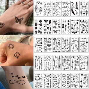 30pcs 방수 임시 문신 스티커 검은 작은 패턴 깃털 심장 조류 표현 바디 아트 팔 가짜 문신 여성 남성
