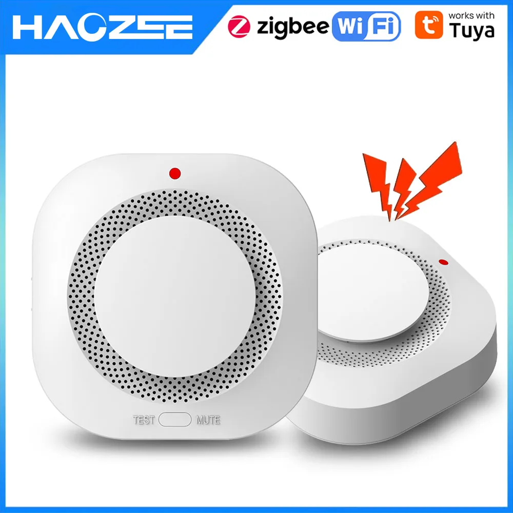 Haozee Tuya 스마트 Zigbee/Wifi 연기 감지기 스마트 화재 화재 방지 홈 보안 알람 사운드 라이트 알람 APP 제어