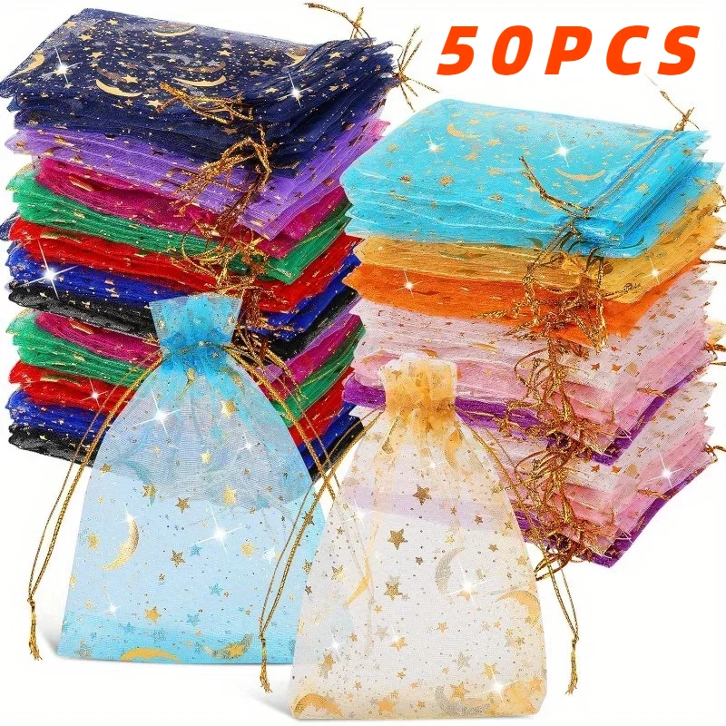 50PCS 문 별 Drawstring Organza 가방 보석 선물 가방 파우치 골드 스타 Organza 크리스마스 결혼식을위한 호의 파우치