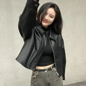 여성용 블랙 PU 가죽 재킷, 한국 패션 지퍼 바이커 짧은 재킷, 캐주얼 루즈 턴다운 칼라 코트, 가을 겨울