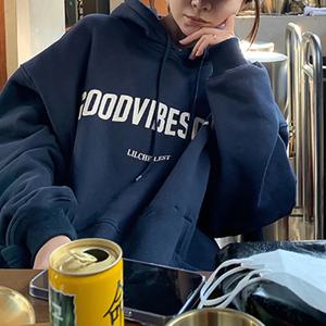 가을 양털 까마귀 솔리드 컬러 편지 후드 한국 패션 스웨터 긴 소매 탑 Drawstring 포켓 느슨한 후드