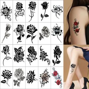 20 Pcs 방수 임시 문신 스티커 검은 꽃 장미 연꽃 행성 Ins 플래시 문신 가짜 문신 남자 여자 여자