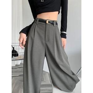 2024 가을 겨울 우아한 회색 정장 여성용 바지 Office Lady 하이 웨이스트 와이드 레그 패션 바지 포켓 블랙 바지