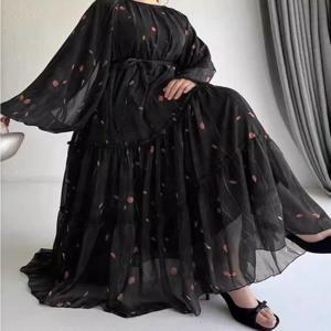 Eid 무슬림 아바야 원피스, 여성용 프린트 시폰 띠가 있는 라르고 아랍 롱 로브, 라마단 모로코 아바야