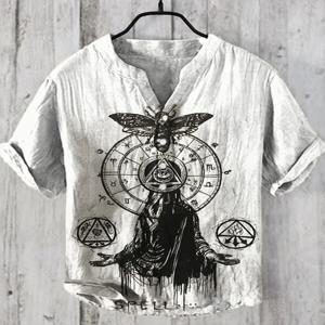 남성 셔츠 에스닉 스타일 3D 인쇄 바이킹 남성 패션 플러스 사이즈 버튼 스탠드 칼라 반소매 셔츠 남성 의류 Fast S