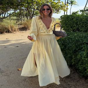 HH 여성 우아한 세트 연노랑색 브이넥 긴 소매 계단식 장식 레이스업 셔츠+하이웨이스트 롱 스커트 여성 정장