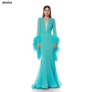 제시카 섹시한 딥 브이 넥 이브닝 드레스 수제 럭셔리 긴 소매 깃털 댄스 파티 드레스 스카이 블루 파티 드레스 맞춤형