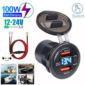 12V 24V 차량용 USB 어댑터, 듀얼 포트 USB 충전 소켓 USB-C PD & 듀얼 QC 3.0 (전압계 및 전원 스위치 포함) 자동차/오토바이용