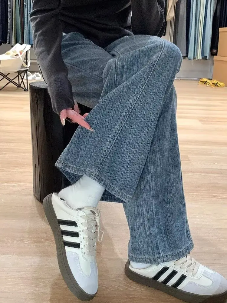 레트로 텍스처 와이드 레그 데님 진 루즈 드레이프 스트레이트 롱 팬츠 여성용 하이웨이스트 캐주얼 스타일 봄 시즌