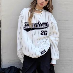 루즈핏 아메리칸 스타일 긴팔 야구 스웨터 라운드넥 프린트 스트릿웨어 캐주얼 패션 봄 가을 여성 후드티