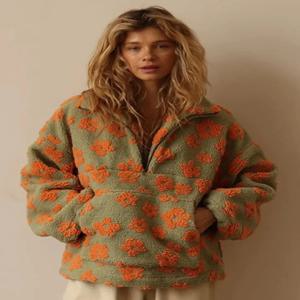 Wolfeel 새로운 가을 겨울 여성용 셰르파 꽃 풀오버 후드 하프 지퍼 스타일 루즈 피트 따뜻한 세련된 스웨트 셔츠