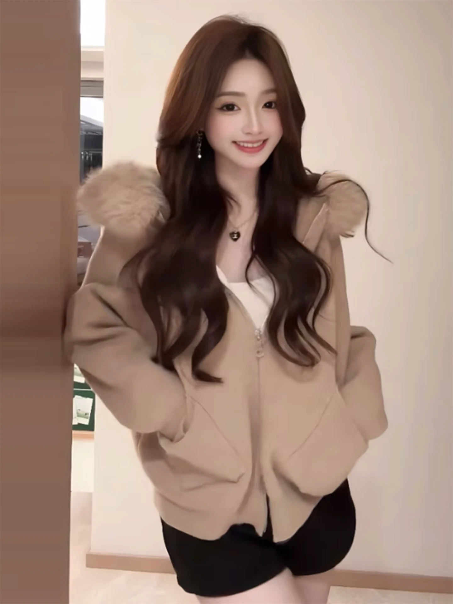후드 니트 가디건 숏 스타일 인조 모피 칼라 따뜻한 패션 한국 버전 가을 겨울 신상 여성 스웨터 코트