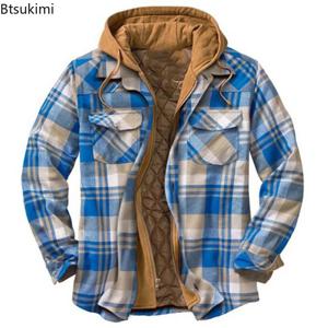 2025 남성용 겨울 프린트 코튼 재킷 하라주쿠 체크 셔츠 코트 후드 지퍼 긴팔 기본 캐주얼 셔츠 재킷 남성용