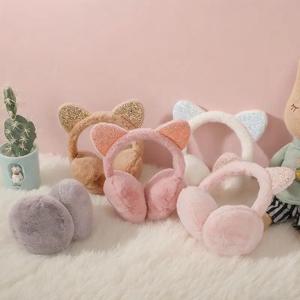 귀여운 스팽글 플러시 고양이 귀 귀마개 여성 소녀용 푹신한 귀덮개 따뜻한 야외용 귀마개 푹신한 귀덮개 헤드밴드 귀덮개