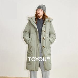 TOYOUTH 여성용 90% 다운 재킷 2025 겨울 신상 퍼 칼라 후드 카우 혼 버클 방수 롱 코트