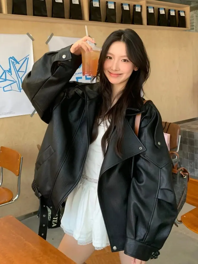 레트로 아메리칸 블랙 재킷 가죽 코트 여성 봄 가을 신상 패션 루즈 숏 모터사이클 쿨 윈드 아우터웨어 탑