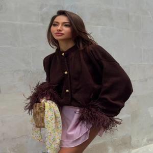 솔리드 페더 패치워크 니트 코트 여성 캐주얼 라운드넥 싱글 브레스티드 골드 버튼 루즈 가디건 가을 휴가 아우터웨어