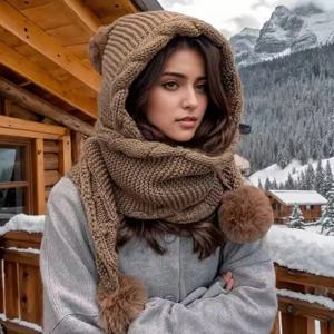 여성용 겨울 모자 스카프 세트 - 극한 추위를 위한 보온 울 폼 비니&발라클라바, 스카프가 부착된 다용도 니트 모자