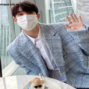Mauroicardi 가을 느슨한 캐주얼 다채로운 블루 트위드 블레이저 자켓 남성용 긴 소매 더블 브레스트 남성 디자이너 의류