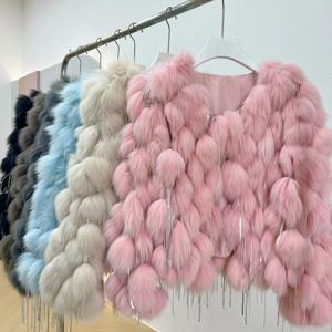 태슬 달린 천연 여우 모피 코트, 따뜻한 모피 코트, 여성 코트, 진짜 여우 모피 재킷, 두꺼운 아브리고스 재킷, 겨울 패션