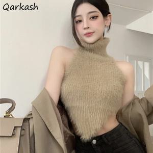 섹시한 탱크 여성 니트 핫 세련된 백 레스 터틀넥 짧은 민소매 오프 어깨 인기 streetwear 골판지 가장자리 여성