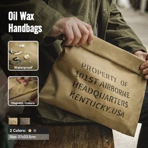 Maden 오일 왁스 캔버스 핸드백 남성용 빈티지 핸드백 카키색 인쇄 지갑 봉투 용량 돈 가방 마그네틱 버클 롱 지갑