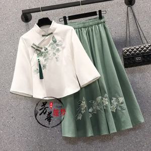 특대 여성 여름 나비 달콤한 중국어 정장 수 놓은 탑 정장 Hanfu 블라우스 스커트 투피스 세트 대형 Cheongsam