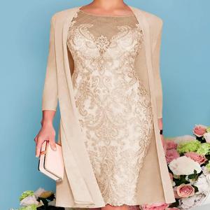 2피스 신부 어머니 웨딩 드레스, 무릎 길이 정장 이브닝 가운, 아플리케 웨딩 게스트 드레스, 지퍼 뒷면