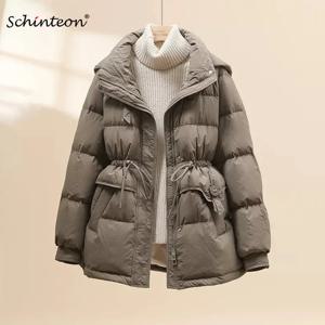 Schinteon 여성용 후드 다운 재킷, 따뜻한 외투, 드로스트링, 루즈 캐주얼, 화이트 덕 다운 코트, 한국 스타일 2024, 가을, 겨울
