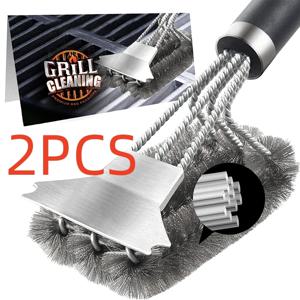 1/2PCS 디럭스 핸들이있는 안전한 그릴 브러시 및 스크레이퍼 그릴 클리너 브러시 스테인레스 스틸 브리 슬 그릴 브러시 액세서리