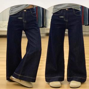 딥 블루 플레어 와이드 레그 진 여성 플러스 사이즈 하이 웨이스트 슬림 레이지 스트레이트 롱 팬츠 겨울 시즌 루즈 핏 진