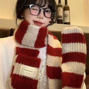 레드 스트라이프 부드러운 양모 니트 스카프 여성 겨울 한국 두꺼운 따뜻한 스카프 패션 Y2K 하라주쿠 스카프 목도리 크리스마스 새해 선물