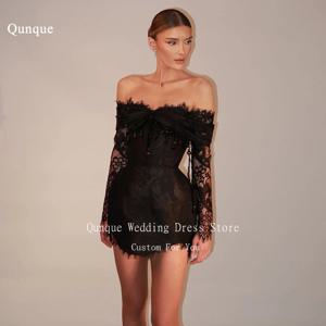 Qunque 블랙 레이스 미니 이브닝 원피스, 우아한 술 비즈 크리스탈, 짧은 파티 칵테일 가운, 맞춤형