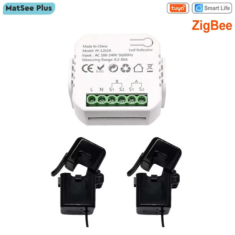 Tuya 스마트 라이프 ZigBee 에너지 모니터, 전류 센서가 있는 1, 2 채널 양방향, 앱 모니터 전원, 110V, 240V, 50Hz, 60Hz