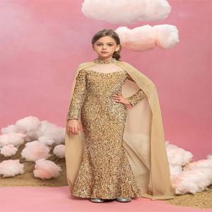 라운드 넥 케이프 살구색 스파클링 웨딩 피로연 소녀, 플라워 걸 이브닝 원피스, 생일 공주 소녀 스파클링 원피스