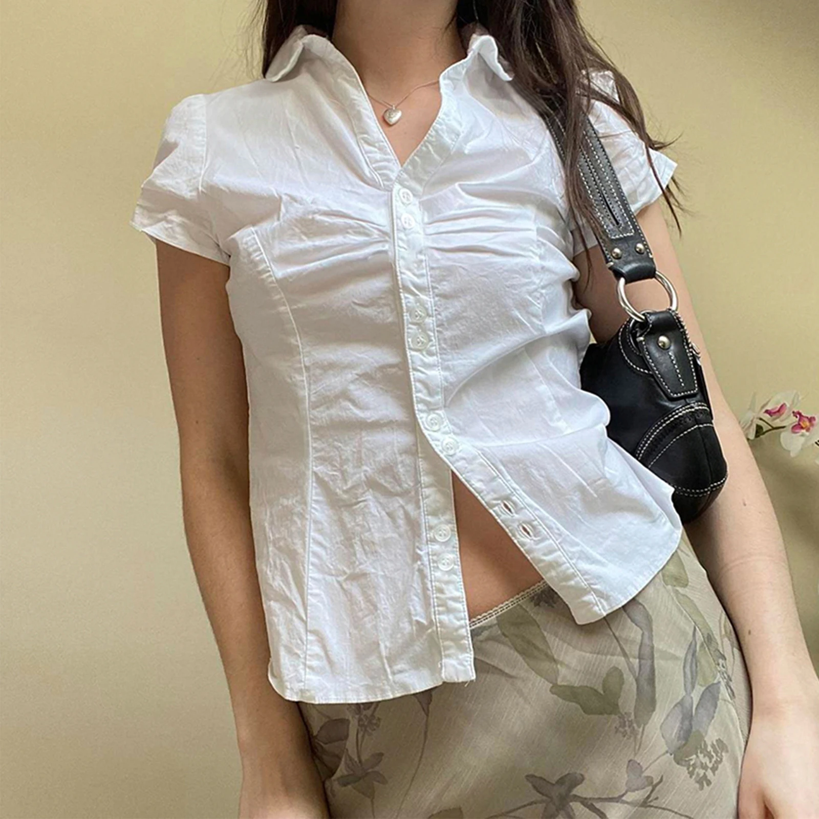 Vintage Folds y2k Coquette 하라주쿠 자르기 탑 버튼 반소매 블라우스 여성 붕대 한국 패션 셔츠 캐주얼 streetwear