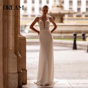 모던 레이스 인어 웨딩 원피스, V넥 스파게티 스트랩, 오픈 백 아플리케, 민소매 신부 가운, 맞춤형