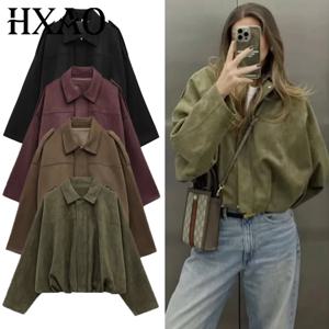 HXAO 여성용 봄버 재킷 라펠 긴 소매 지퍼 스웨이드 재킷 여성 2025 하이 스트리트 크롭 레이싱 재킷 코트 겉옷