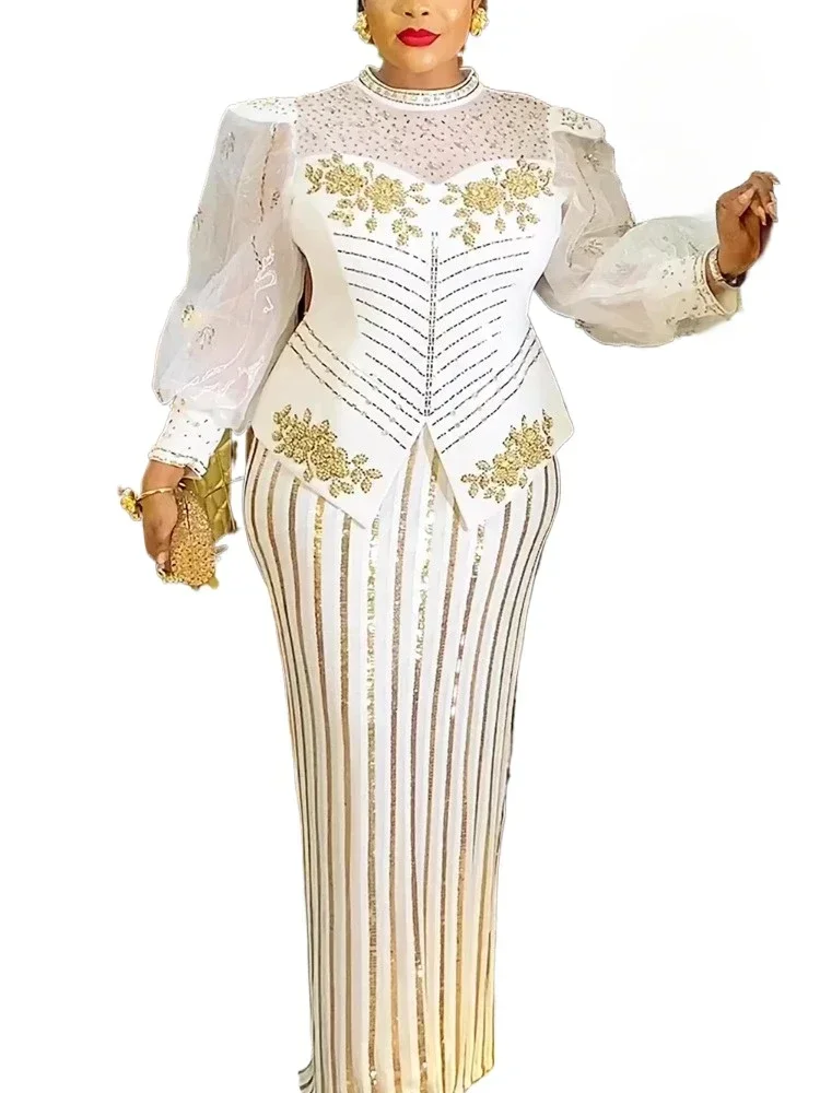 2025 여성을위한 아프리카 드레스 새로운 패션 플러스 사이즈 스팽글 이브닝 파티 롱 드레스 대시 키 앙카라 복장 가운 아프리카 의류