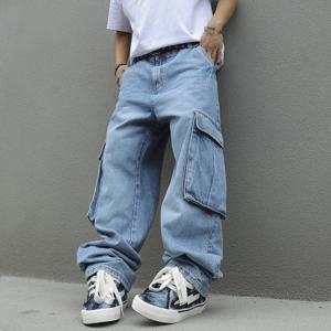 남성용 헐렁한 카고 바지 라이트 블루 워시 데님 멀티 포켓 와이드 레그 청바지 빈티지 룩 루즈핏 스트리트 스타일