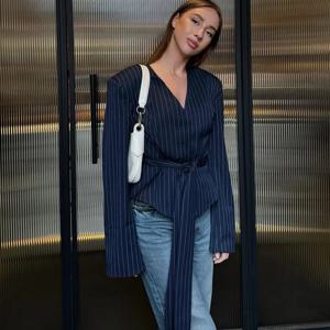 Talenza 여성용 스트라이프 블레이저 우아한 리본 레이스 업 v 넥 패치 워크 긴 소매 럭셔리 아웃웨어 빈티지 여성 맞춤형 코트