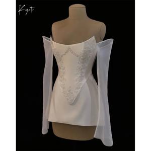 교토 화이트 아플리케 오프 숄더 미니 웨딩 드레스 맞춤형 투피스 세트 vestidos de novia 긴 소매 이브닝 드레스