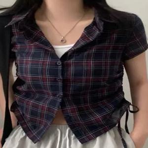 한국 스타일 시크 체크무늬 여성 셔츠 드로스트링 밑단 디자인 다용도 나이를 잊게 하는 탑 반팔 폴로 칼라 얇은 소재