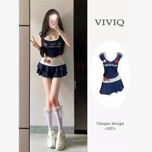 미국 대학 스타일 캐주얼 스포츠 여성 세트 봄 섹시한 U넥 반팔 A라인 미니스커트 투피스 수트