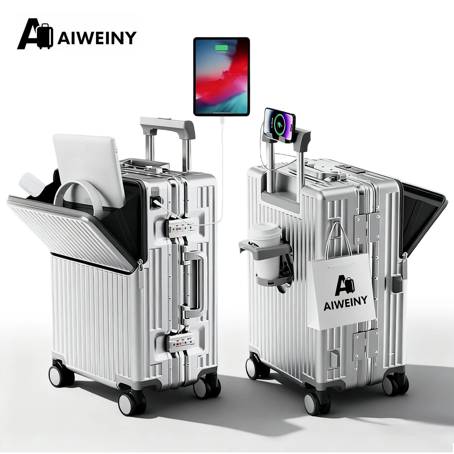 AIWEINY 2025 알루미늄 프레임 수트케이스 PC 하드셸 압력 저항 여행용 가방, 360° 무소음 다방향 바퀴 가방, 컵 홀더 및 수납 선반, TSA 잠금장치 포함.