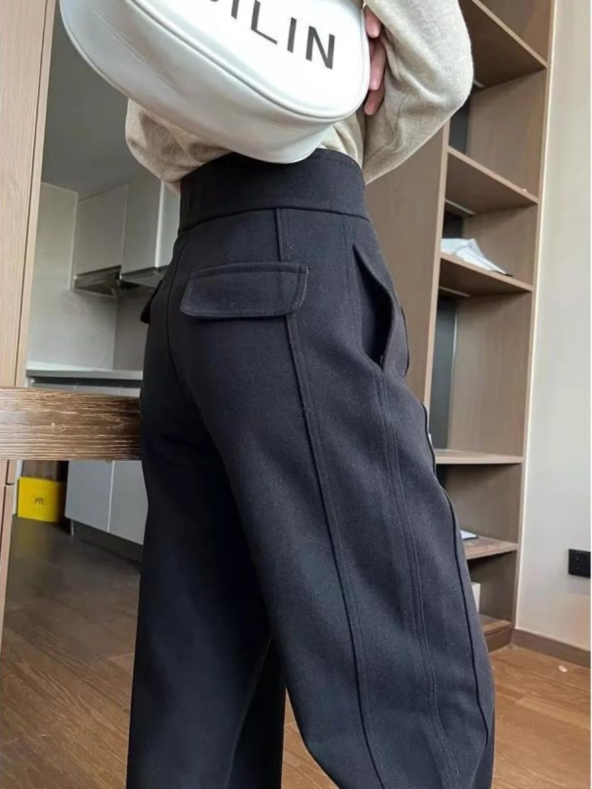 하이웨이스트 드레이프 두꺼운 와이드 레그 팬츠 여성용 바나나 스카이트 팬츠 가을 겨울 한국 스타일 캐주얼 스트레이트 컷 바지
