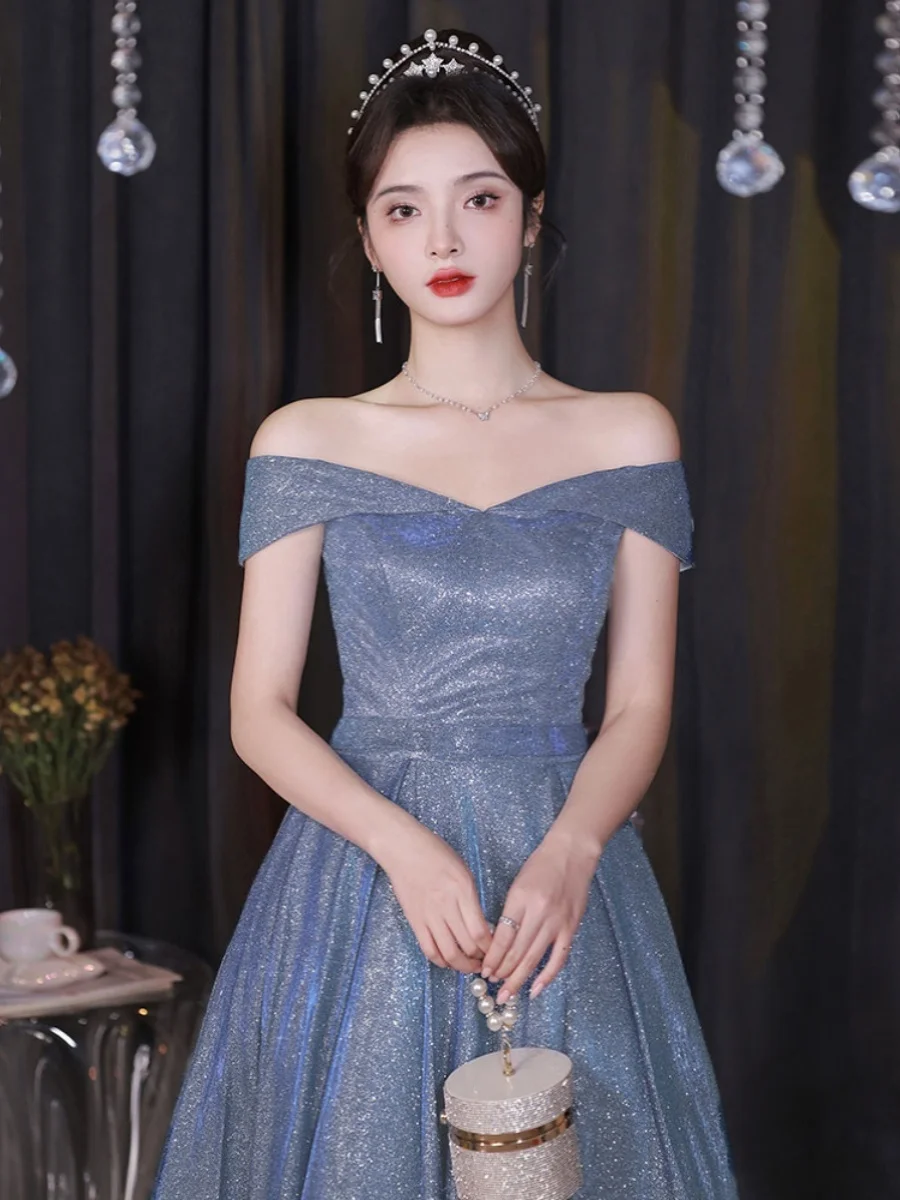 반짝이는 이브닝 드레스 원숄더 고급 슬림 롱 드레스 우아한 폴리에스터 소재 민소매 미드 웨이스트 A라인 스커트