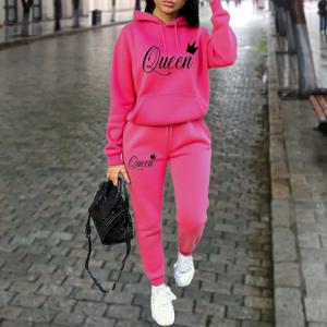 퀸 레터 그래픽 프린트 여성 세트 후드 바지 2pcs 정장 가을 겨울 스포츠 조깅 고품질 미적 Tracksuit